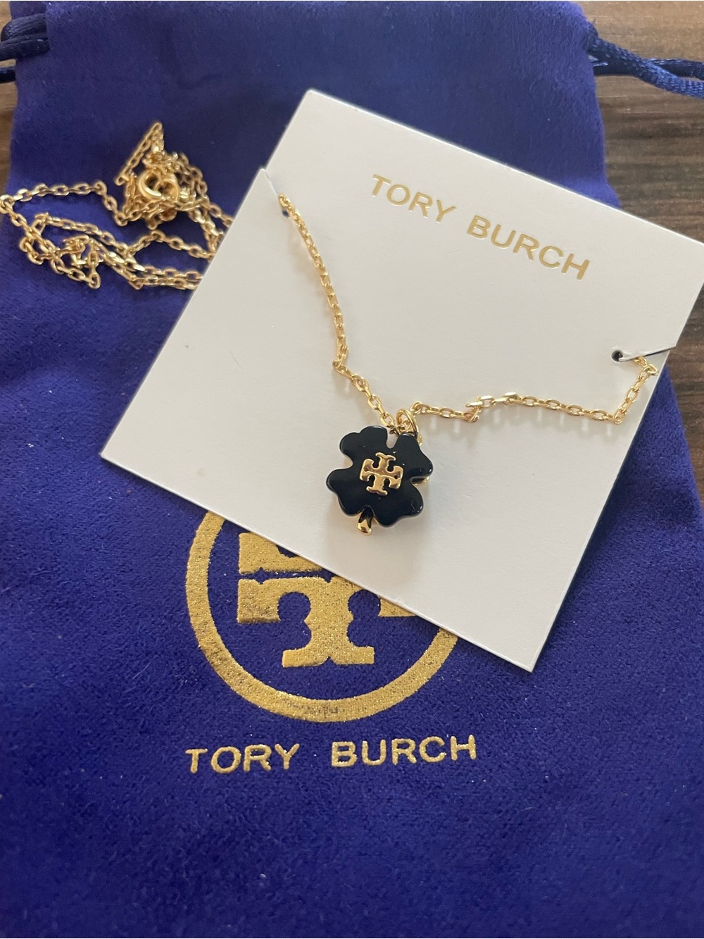 Tory Burch Gold Chain Necklace with Black Enamel Flower Pendant
